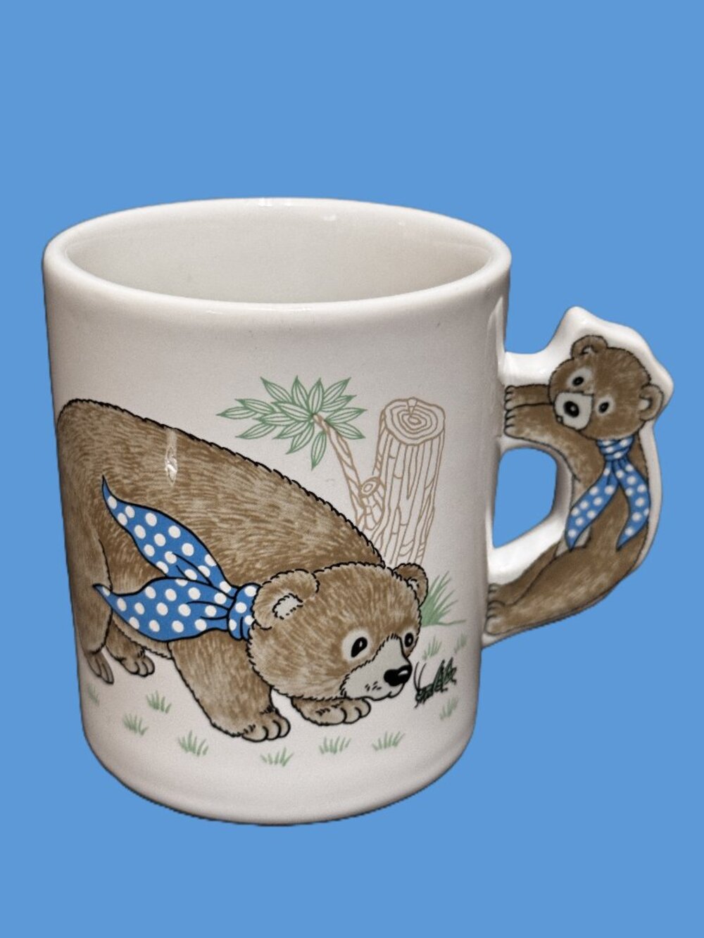 3D Bear Handle Ceramic White Novelty 12 oz. Mug, Vintage Circa 1980s-1990s